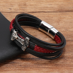 Men's braided leather bracelet with Viking Mjölnir charm and silver magnetic clasp