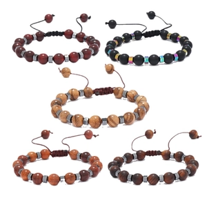 Lot de 5 bracelets de surfeur en bois avec perles d'hématite et cordon réglable