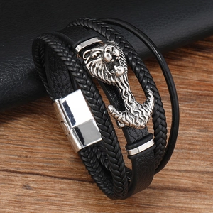 Men's multilayer braided leather bracelet with silver lion head and magnetic buckle