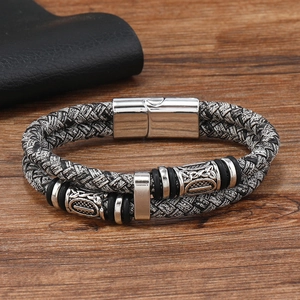 Bracelet Viking en cuir pour homme, double couche avec perles argentées et fermoir magnétique