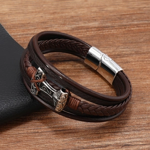 Men's Viking Mjolnir multi-layer brown braided leather bracelet with magnetic clasp