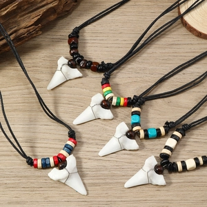 Bohemian Shark Tooth Pendant Necklace For Men Women Wood Bead Adjustable Wax Cord Ethnic Tribal Summer Surf Jewelry Gift