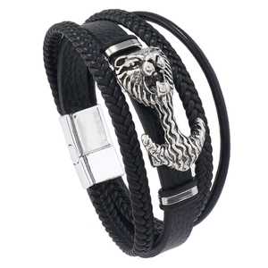 Men's multilayer braided leather bracelet with vintage silver lion head and anchor charms