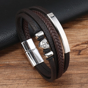 Men's multilayer braided leather heart bracelet with a secure magnetic steel clasp