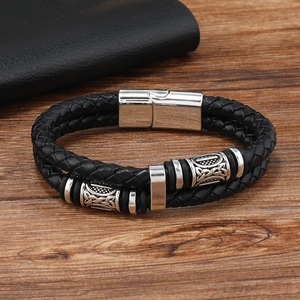 Bracelet Viking double couche en cuir noir pour homme avec fermoir magnétique en argent