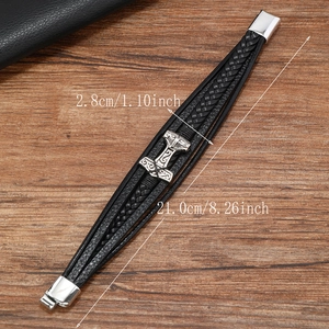 Detail view of woven leather Viking bracelet with Thor's Hammer Mjölnir pendant measurement
