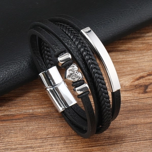 Handmade multilayer black leather woven bracelet with silver heart charm and magnetic clasp