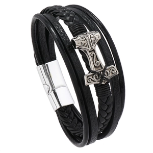Men's multilayer black braided leather bracelet with silver Viking Mjölnir hammer charm