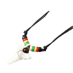 Bohemian surf necklace with white shark tooth pendant and colorful wooden beads
