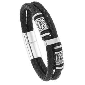 Bracelet Viking double couche en cuir tressé noir avec perles argentées et fermoir aimanté