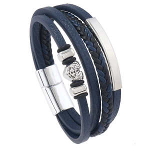 Men's navy blue layered braided leather bracelet with heart metal charm and magnetic clasp