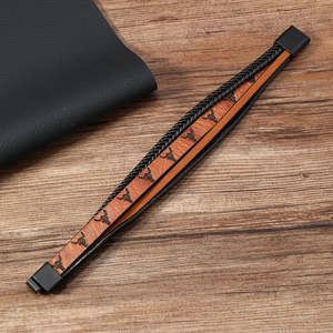Men's western bull skull print braided leather bracelet with black matte magnetic buckle