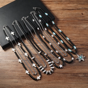 Collier Double Couche Hip Hop Chaîne en Acier Inoxydable Künstliche Perles de Verre Givré Künstliche Perle d'imitation Pendentif Croix Étoile Bijoux Homme Femme