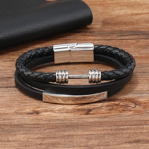 Men's multi-layer braided leather bracelet with silver dumbbell and magnetic clasp
