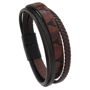 Men's multi-layer braided leather bracelet with bull skull motifs and magnetic clasp