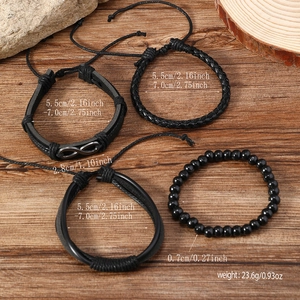 Men's 4-piece vintage black leather wrap bracelet set with metal infinity charm and beads