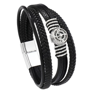 Men's multilayer leather bracelet with silver compass charm and magnetic clasp