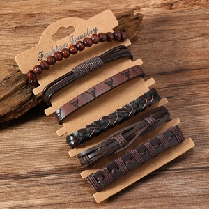 6-piece men's vintage leather bracelet set with bull head charm and wooden beads