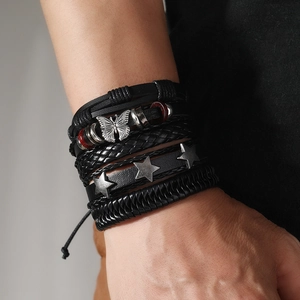 Men's multi-layer black braided leather bracelet set with silver star and butterfly charms