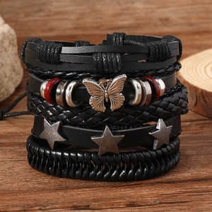 Vintage Multi-Layer Braided Faux Leather Bracelets For Men Women Alloy Butterfly Star Charms Adjustable Punk Jewelry