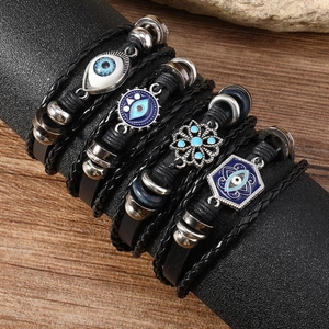 Set bracciali in pelle intrecciata da uomo con ciondoli occhio del diavolo blu