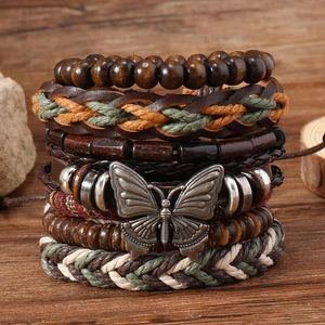 Vintage Multi-layer Butterfly Bracelet For Men Women Handmade Woven Leather Wood Beaded Ethnic Bohemian Style Wrap Bracelet