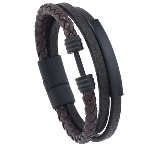 Men's multilayer brown braided leather bracelet with black matte metal plate and magnetic clasp