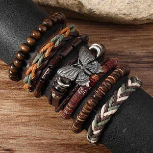 6pcs vintage men's multi-layer bracelet set with butterfly charm and wooden beads