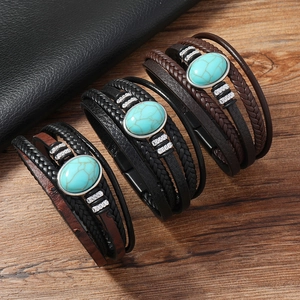 Vintage Multi-layer Leather Bracelet For Men Artificial Turquoise Oval Gemstone Bohemian Ethnic Magnetic Clasp Hand Jewelry