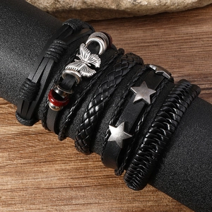 5-piece vintage multilayer black leather bracelet set with butterfly and star charms