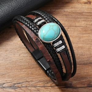 Men's vintage multi-layer leather bracelet featuring a turquoise stone and magnetic clasp
