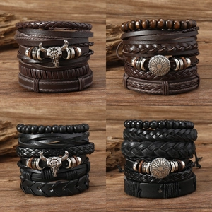 Men Retro Braided Leather Bracelet Bull Head Floral Disc Punk Bohemian Multi Layer Bracelet Jewelry Gift For Male Daily