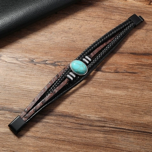 Retro multi-layer leather bracelet for men featuring turquoise stone and silver metal beads