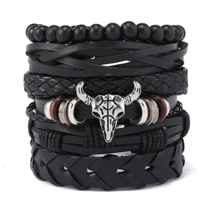 Black leather multi-layer bracelet set with silver longhorn skull and wooden beads