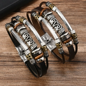 Vintage Multi Layer Leather Bracelet Men Stainless Steel Clasp Braided Rope Wood Beads Bohemian Punk Style Wristband Jewelry