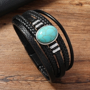 Vintage multilayer leather bracelet with turquoise stone and magnetic buckle closure
