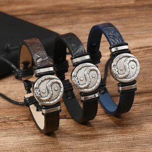 Retro Braided Leather Bracelet For Men With Dragon Yin Yang Alloy Charm Adjustable Ethnic Style Wristband Jewelry Gift