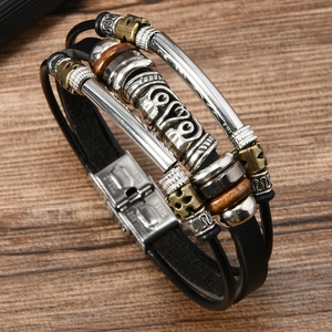 Retro multi-layer leather bracelet with vintage wood beads and stainless steel clasp