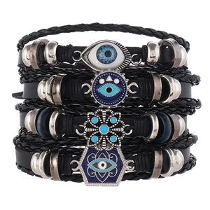 Set di 4 braccialetti in pelle intrecciata con ciondoli occhio blu stile hip hop