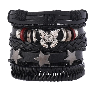 5-piece layered black leather bracelet set featuring metal butterfly and star charms
