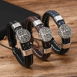 Vintage Handmade Woven Leather Tree Of Life Bracelet For Men Adjustable Retro Braided Alloy Charm Bracelet Ethnic Jewelry Gift