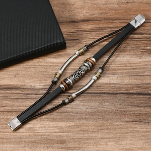 Vintage multilayer black leather bracelet with wooden beads and silver metal magnetic clasp