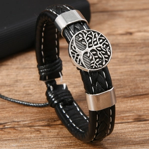 Men's vintage braided leather bracelet with Tree of Life metal charm and white stitching