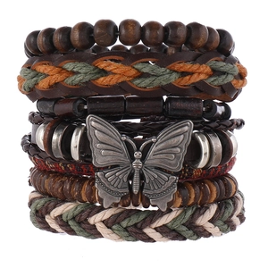 Retro multi-layer men's bracelet set with wooden beads and a metal butterfly charm