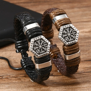 Vintage Viking Vegvisir Compass Braided Leather Bracelet For Men Handmade Alloy Runic Script Nordic Style Adjustable Jewelry
