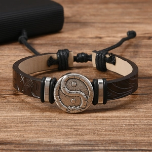 Handmade woven leather bracelet with vintage Yin Yang dragon magnetic clasp for men
