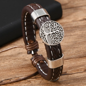 Vintage Tree of Life leather bracelet for men with adjustable woven cord and brown texture