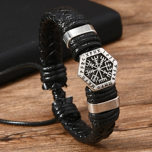 Vintage Viking leather bracelet with silver compass charm and Nordic rune engraving
