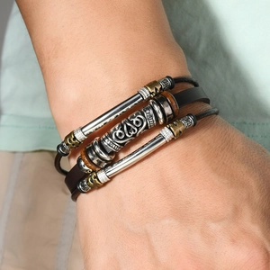 Men's multilayer leather bracelet with retro carved alloy beads and wood accents