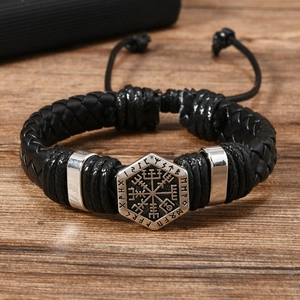 Vintage black braided leather bracelet with silver Viking Vegvisir compass charm for men